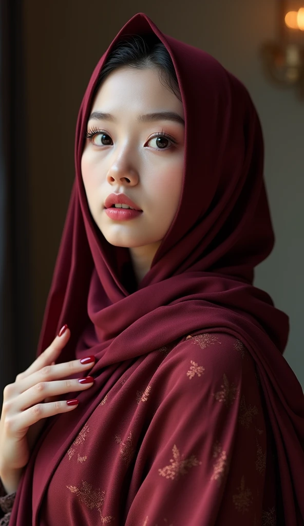 (photorealism:1.2), beautiful Chinese Moslem, very beautiful Chinese Moslem female, long red hijab and long pattern abaya, very detailed fingers, beauty red nails, high resolution, 8k, HDR
