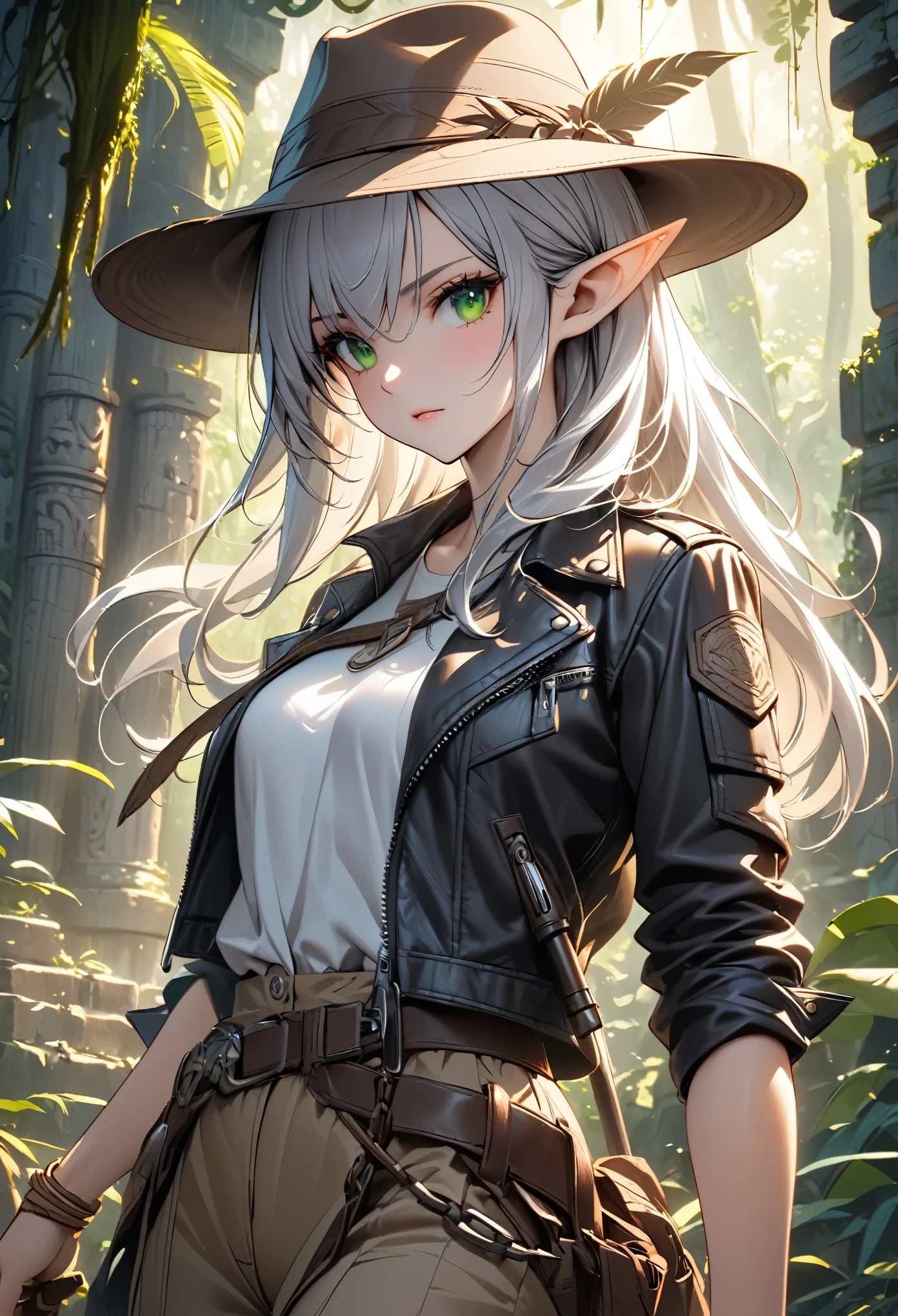 cinematic lighting, ((masterpiece)), anatomically correct, accurate, textured skin, high details, high quality, ((best quality)), (super detail), An elegant female elf with long, flowing silver hair, wearing a rugged but stylish adventurer’s outfit. She is equipped with a leather jacket, a wide-brimmed hat, and a whip at her side, evoking an Indiana Jones-like appearance. Her pointed ears peek out from under the hat, and her sharp green eyes show determination and wisdom. She stands confidently in an ancient, jungle-covered temple ruin, surrounded by mysterious carvings and glowing artifacts. The atmosphere is mystical, with vines hanging down and soft sunlight filtering through the trees. The overall tone is adventurous and magical, blending fantasy and archaeology