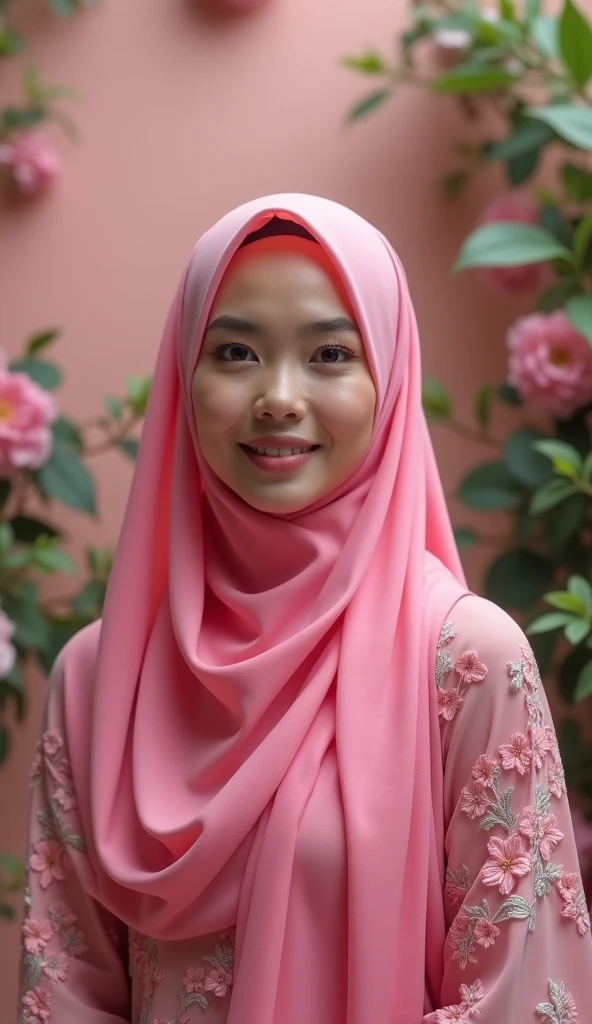 a beautiful Indonesian woman, smooth white skin, well-groomed face,wearing a pink fanta hijab, panjang, slow motion,wearing a pink fanta knitted hoodie, brand name (feel ) celana kargo hitam slow motion Banyak kantong nya,black watch, white shoes, posing standing next to pink orchid flowers,orange.red,purple, which flowers beautifully and thickly. The background of the beautiful orchid flower garden is very amazing .Realistic original photo