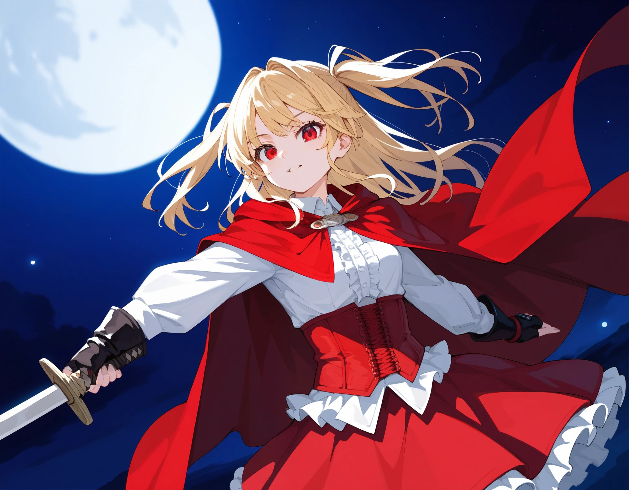 1girl, solo, white shirts, red long cape cloak, red corset, frills red skirt, black fingerless gloves, Sword carried diagonally, blonde, two side up, red eye,
Anime Girls, dutch angle, acrobatic pose, cowboy shot, Diabolical, Gloomy painting style,
red full moon, night sky, night, red moonlight,
Score_9,Score_8,score_7_up,source_anime, rating_questionable,