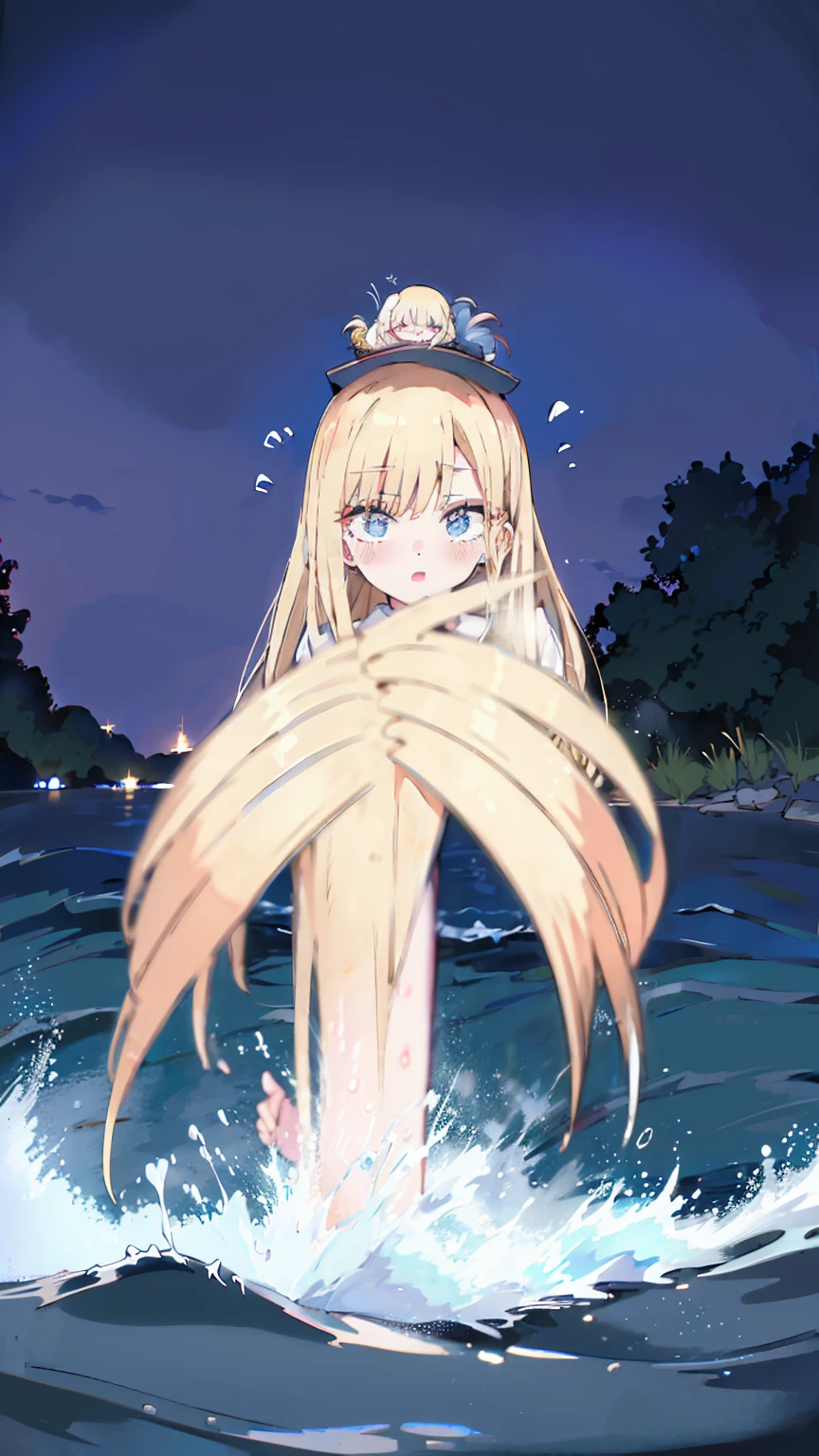 ultra high quality,masterpiece,(((uniform,hands_on_head))), marin_kitagawa/(my_dresse_up_darling),(((swimming in the water around the beach))),BREAK,(((blonde_long_hair,matur_adult)))