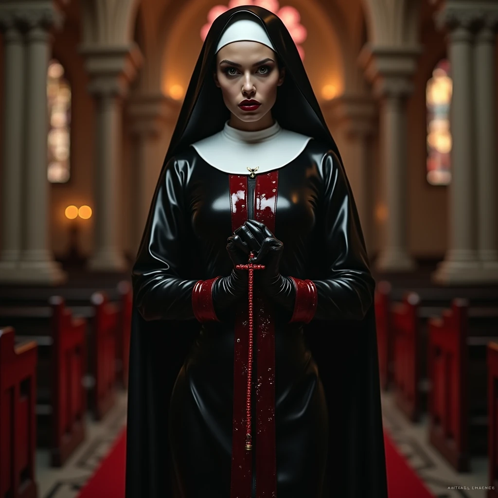CRUDO, analogous thing) (Gothic nun huge chest), set in the 1990s, maquillaje surrealista, leather clothing inside a gothic church at night, neon lights, muy oscuro, horror, tonos rojos, caos, siniestro, detalles altos, ultra realista, SonyA7III, cinematic lighting, movie, grano, caras UHD, volumetric shadow, incredibly detailed,   by hyaku by hyaku