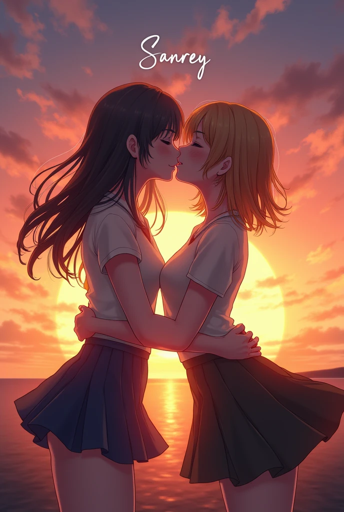 views from above, (super angle:1.2) Top angle, bridge, (sun on the horizon:1.2) sunny afternoon, beautiful view, (2girls:1.2) (lesbian kiss:1.2)