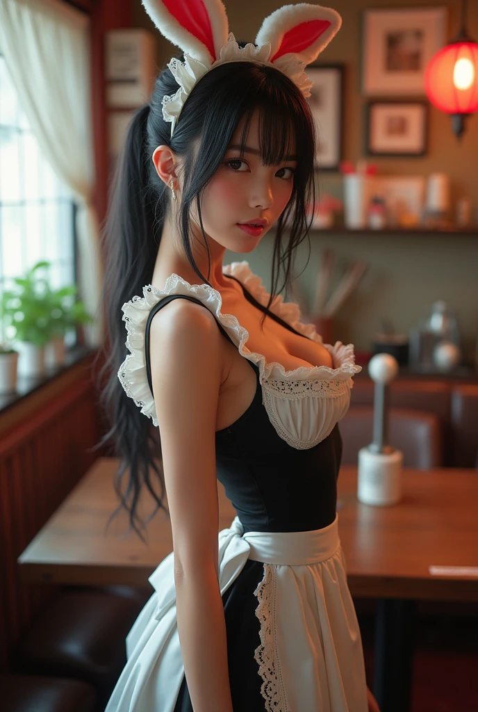 (A hyper-realistic), (illustratio), (high resolucion), (8K), (A highly detailed), (The best illustrations), (Beautiful detailed eyes), (Top Quality), (Very detailed), (masterpiece), (wall paper), (Detailed face), Solo, (Dynamic Pose), 1 Girl, White wavy hair, South Korean, Dichromatic eyes, Small moles under the eyes, ((apron)), large full breasts, Long leg, Tightens the abdominal muscles...., (camel toes), (Black stockings), Sit at the table. Pink panties, Look from behind, Super miniskirt,