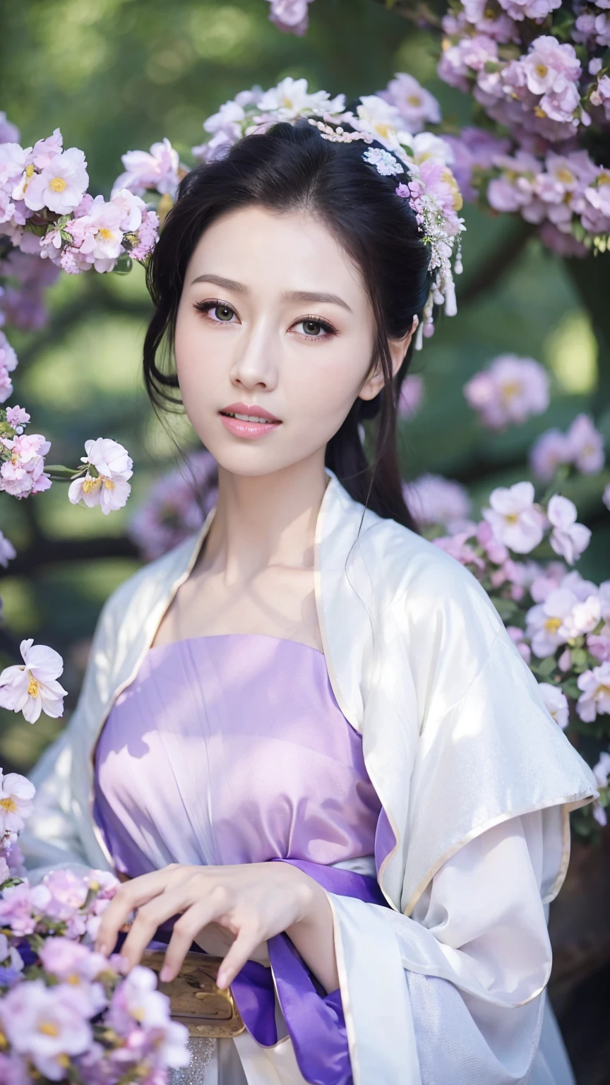 Medium breast, off shoulder, A Japanese girl standing against a background of moonlight and a sea of flowers,more elegant and dusty,beautiful and detailed face, beautiful and detailed eyes, Let yourself be immersed in this beautiful picture. Her every move is like a beautiful dance.,As if melting into this sea of flowers,Expressing the beauty of ancient style, fireflies, dark forrest,