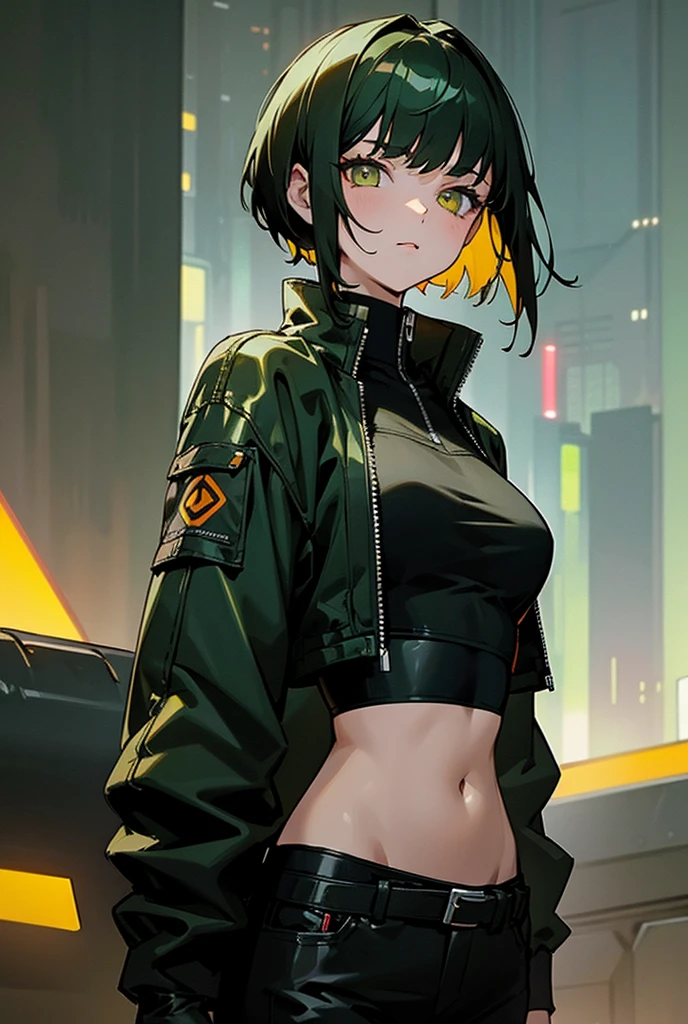 Girl with short green hair, with red eyes, black t-shirt with a yellow tie, black pants black boots, must be seated, with a black background and behind it the word LOVE in a luminescent yellow color
