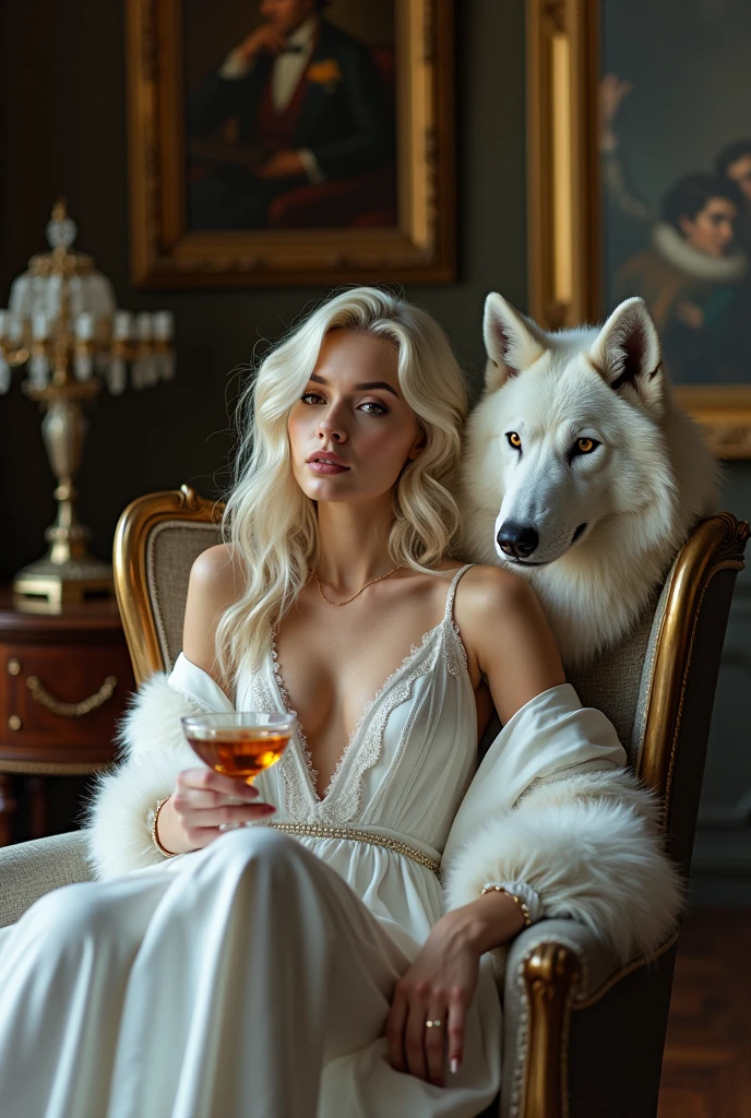 Photoshot of a beautiful sexy white woman with a hot body playing with two cute fox swipers in a beautiful luxurious room.. And there is a signboard ridwangrapher