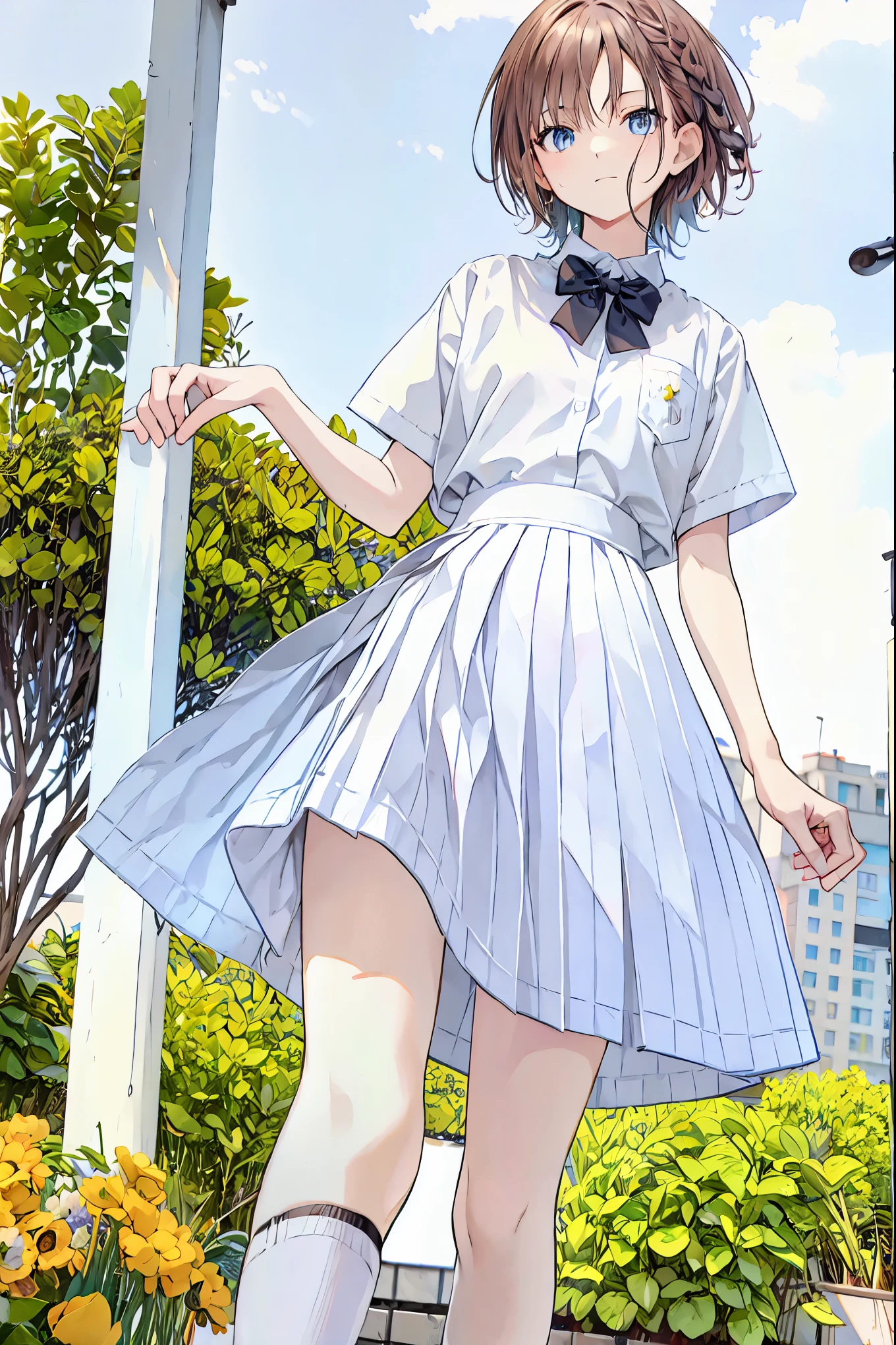 1girl, solo, white polo shirt, white sneakers, tennis wear, white miniskirt, masterpiece, best quality, realistic, hyper-detailed, (shiny skin, sweaty:1.4), absurd, looking at viewer, short black hair, brown eyes, slender, dynamic lighting, high resolution, sharp focus, depth of field, detailed eyes, sharp pupils, realistic pupils, (small breasts:1.6), (thick thighs:1.0), outdoor, sky
