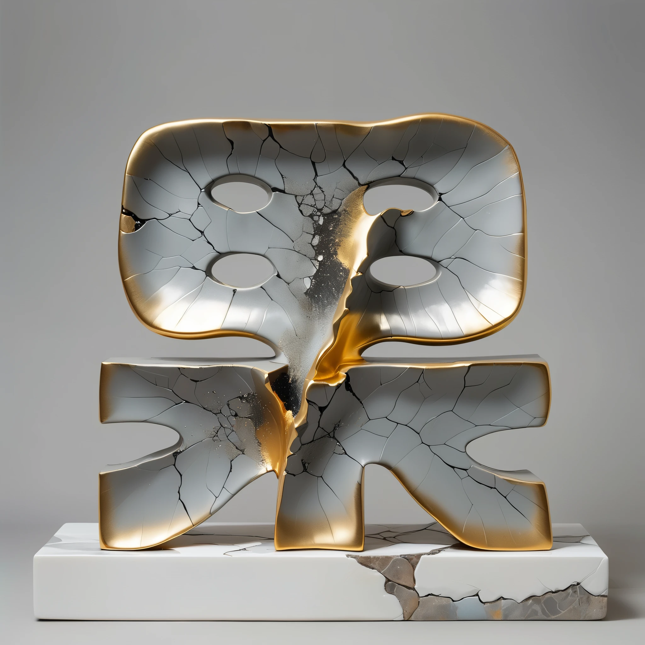 ((exhibit，Still Life Table，Artistic statues，3D Sculpture，ceramics，Surface cracks，Shattered Texture)), Show the beauty of nature.Kaneko，Gold Dust， This artwork is presented on a grey background，Emphasize its artistic quality.