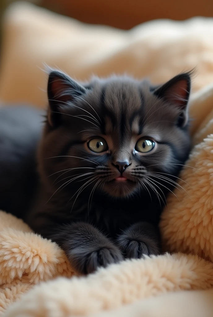 Baby black cat with blue eyes and furry
