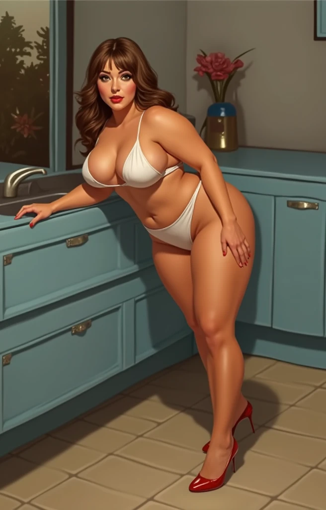 multiple thick body (mature women age 40 Columbian milf super model) wearing transparent t shirt dress and thong panties, kitchen daytime, ((make everything as sfw)), pov greeting viewer, smiling, sfw, hand on breasts open legs, sfw