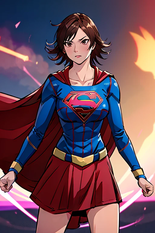 Asuka Kazama, known for her fierce fighting spirit and distinctive short brown hair, exudes a new level of confidence in the iconic Supergirl costume. The costume features a bold blue top with the striking red and yellow 'S' shield prominently displayed on her chest, symbolizing her strength and heroism. A vibrant red cape flows behind her, adding a dynamic flair to her already powerful presence. The ensemble is completed with a red skirt and matching red knee-high boots, which enhance her athletic and battle-ready look. Asuka's determined expression and strong stance are perfectly complemented by the Supergirl outfit, blending her martial prowess with the superheroine's charm and courage.