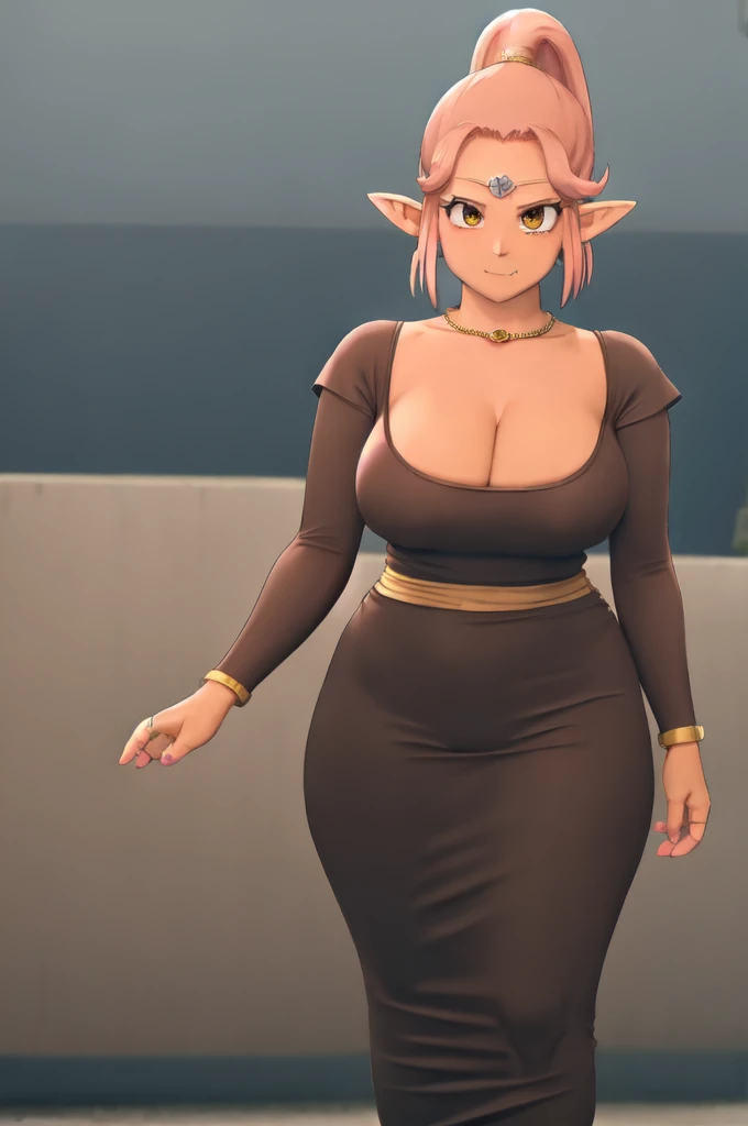 Maam,Dragon Quest Dai no bouken,Big Breast,Cleavage,((Solo)),1Girl,long sleeve Black colored Thin Cleavage long gown,Golden Hoopa earring,Curvy Figure,Scoop Cleavage,Thin Cleavage fabric,Long nail,Necklace,Wedding ring,solo,1girl,No bang hair,Full tied ponytail,Jewelry tiara,light blue colored skin,Elf Ears,((Fang)),Yellow demon eyes,Black colored claw,Pink hair,Half eyes open,Normal nose,Gaze on viewer,Body facing front