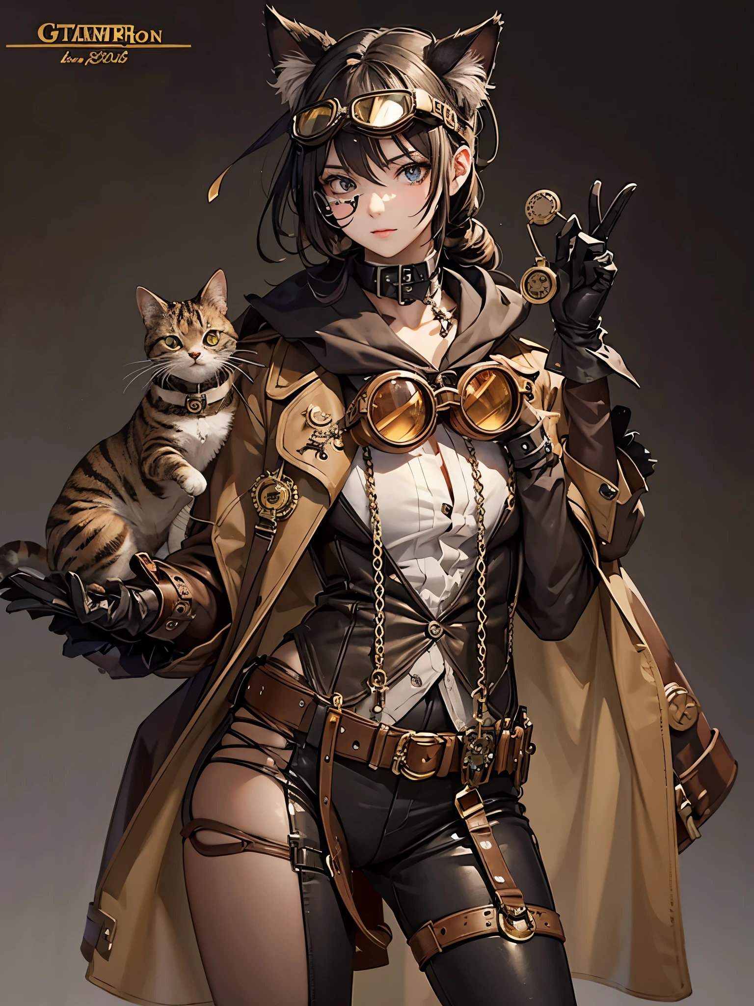 masterpiece,Ultra-fine 8K,超A high resolution,Detailed description,Smooth depiction,Accurate rendering,The Golden Rule,(London、Victorian culture:1.8)、((Equipped with a reinforcement mechanism that moves with countless gearolomi、Beautiful golden cat eyes:1.3),Whitening skin,Western-style beautiful girl in anime style,Wearing an antique leather coat with steampunk-style gear and red lines with watch decorations,Metallic boots,(steams、Vast steam:1.8)、Complex cities、Expressed in detail、Complex structure with pipes、A city studded with countless steam and gears、Eventide、high sky、Full body depiction,Splash Art Style,
