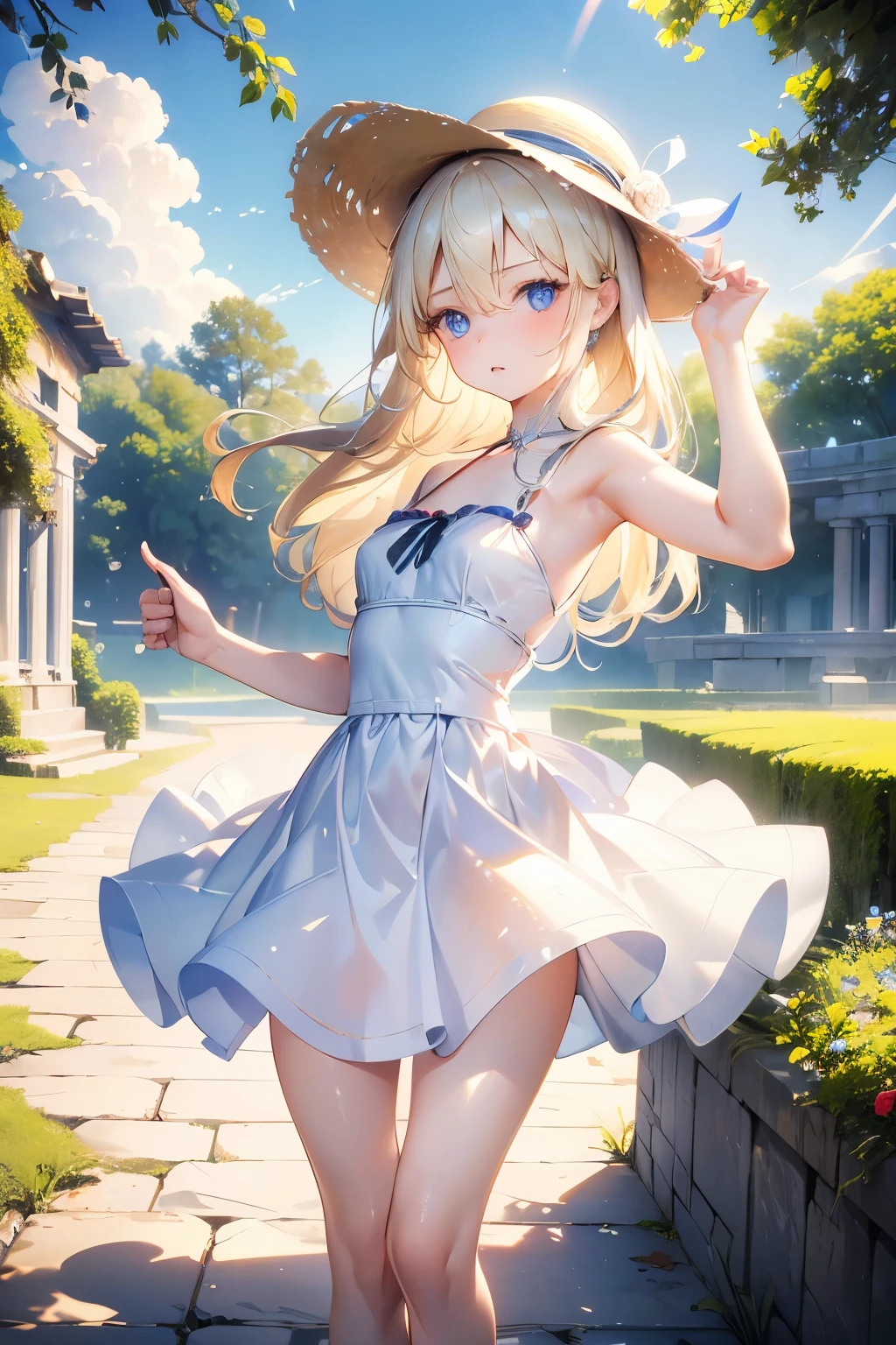 (masterpiece), (highest quality:1.2), (Perfect Anatomy), model, Professional:1.6, (highest quality, 4K, 8k, High resolution, masterpiece:1.2), Ultra-detailed, two anime girls are in a body of water one of them has a skirt on, swimsuit, multiple girls, bikini, day, blonde hair, striped, one-piece swimsuit, twintails, ass, blue eyes