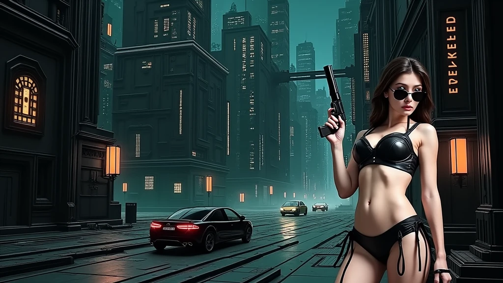 at night, ((a large-breast:1.2 lingerie slim:0.6 GIRL with black mini VR sunglasses)), ((holding a pistol)), aerial view of an ultra-futuristic megalopolis, tall metal buildings in dark colors from dark blue to black, shades of metal gray, smoky metal structures, industrial environment with fog around, dark cars on the streets, (flying vehicle), modern metal rails and trains passing through, ((futuristic space station)), realistic, detailed, sci-fi.