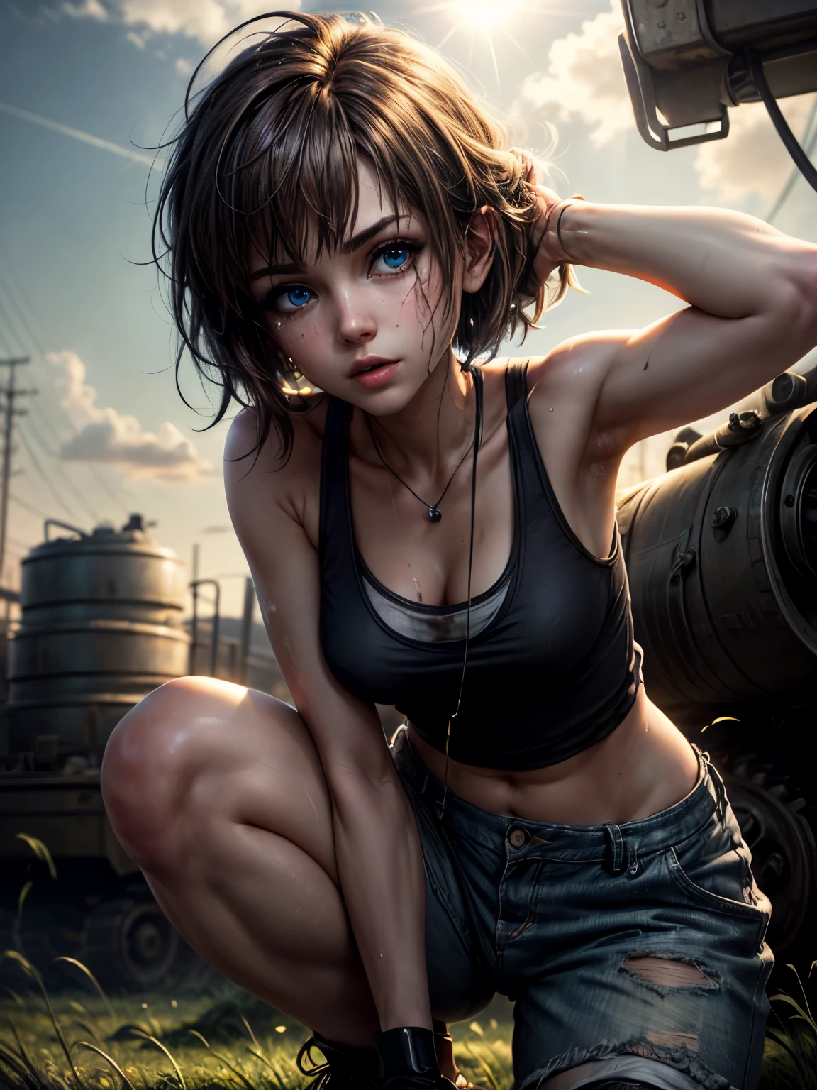 masterpiece, highest quality, (solo focus), (perfect face:1.1), (high detail:1.1), 1girl, repairing machine, brown hair, shoulder-length hair, blue eyes, white tank top, baggy green pants, wrench, holding wrench, crouching, crouching on tank, army tank, ((grease stains)), sweaty, glistening skin, detailed background, field of tall grass, sun, lens flare, cinematic lighting
