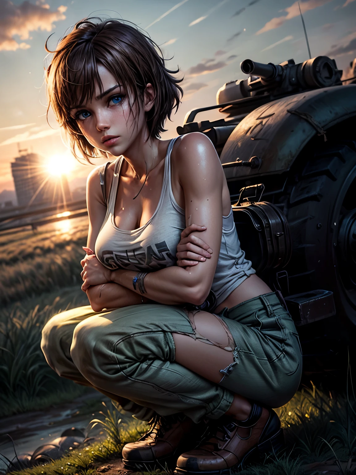 masterpiece, highest quality, (solo focus), (perfect face:1.1), (high detail:1.1), 1girl, repairing machine, brown hair, shoulder-length hair, blue eyes, white tank top, baggy green pants, wrench, holding wrench, crouching, crouching on tank, army tank, ((grease stains)), sweaty, glistening skin, detailed background, field of tall grass, sun, lens flare, cinematic lighting
