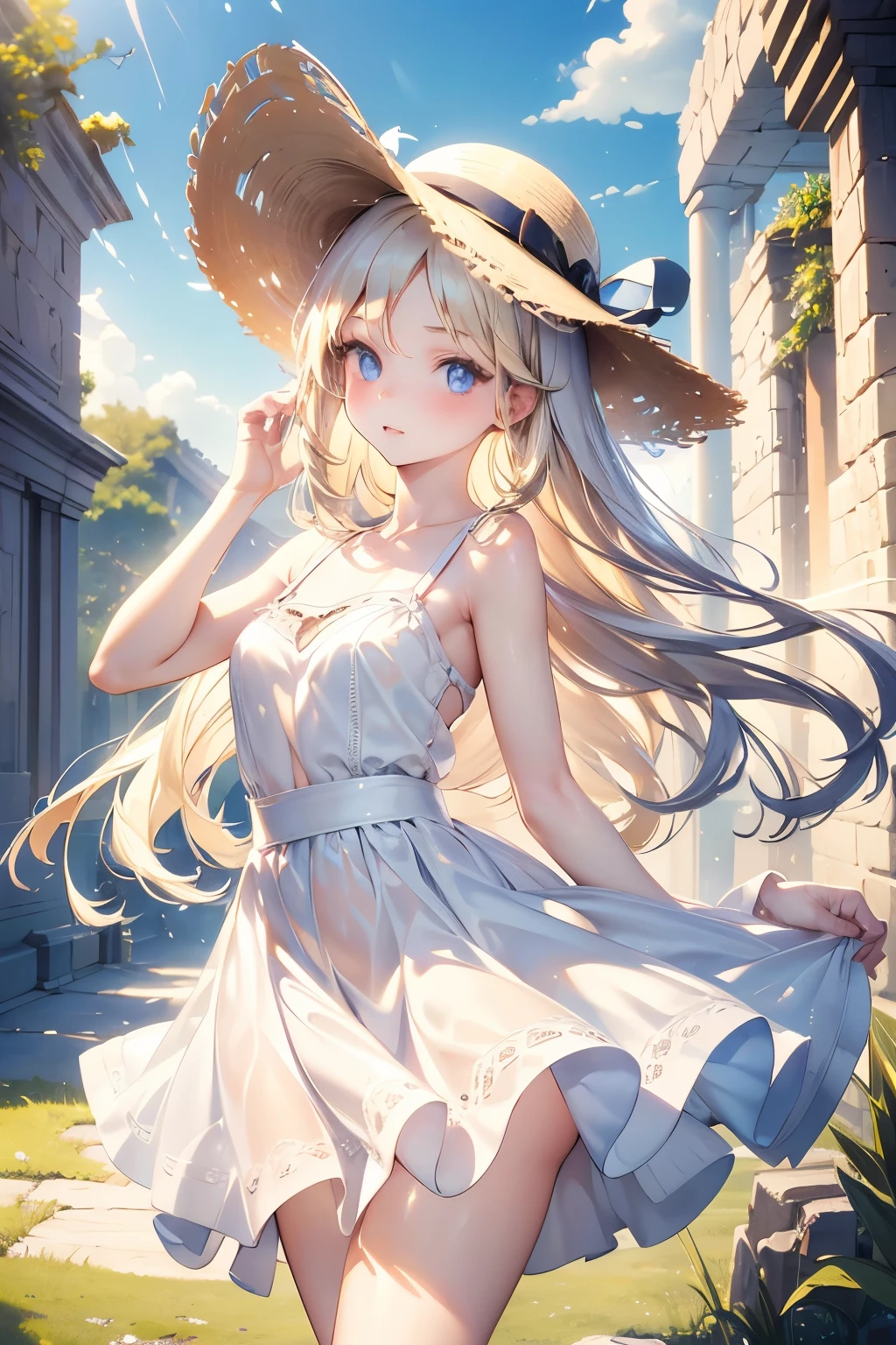 masterpiece,Best Quality,Very detailed,beautiful girl, ager,White dress,Straw hat,ruins,Small breasts,Narrow waist,Straight blonde hair,Perfect Blue Eyes,Very cute,Active pose