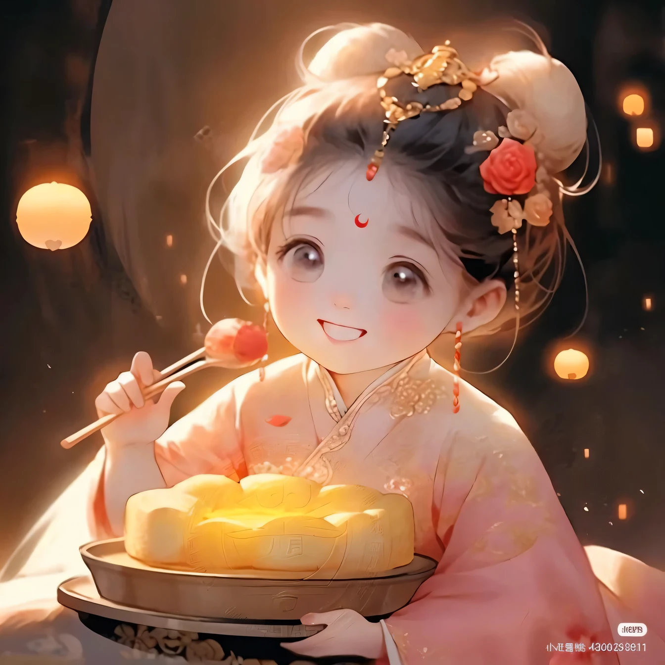 A Qing dynasty Gege sits in a pink cheongsam eating pastries，Count the flagheads,Hold the pastry in your hand， Chinese girl, royal palace ，Chinese Gege, ancient chinese princess, Eat the, having a snack,