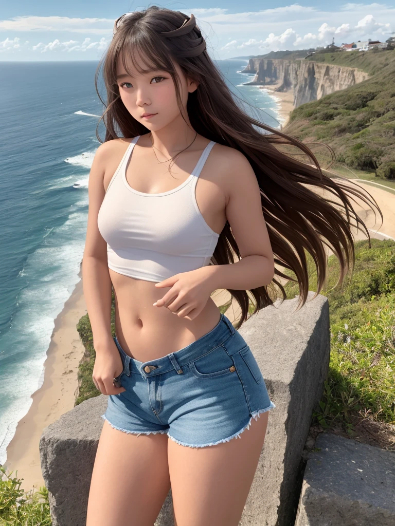 {there is a young girl standing by a cliff overlooking the ocean. she is beautiful, and attractive. she is wearing a white singlet, and denim shorts. the singlet is short, and you can see her stomach. the demin shorts are low on the waste, and short. she has beautiful long brown hair, and beautiful hazel eyes. there is railings near the cliff edge. there is a full view of the ocean from the cliff. there some bushes also nearby the girl, but there is a dirt path also where she is. the sun is setting, and the is a couple of clouds near the sun in the far background. there is also some seagulls nearby her flying, but are a distance away. the wind is also blowing, and her hair is flowing in the wind}, {best quality}, {{masterpiece}}, {highres}, {{{8k}}}, extremely detailed girl, {{{caucasian skin}}}, {{{detailed face}}}, {photo-realism}, {{perfect anatomy}}, sharp focus, {{{character{1 girl}}}}, solo, {{{{{sharp focus}}}}}, {{{detailed cloth texture}}}, {{{detailed skin texture}}}, {{{smooth lighting}}}, {{australian decent}}, {{18-years old girl}},
