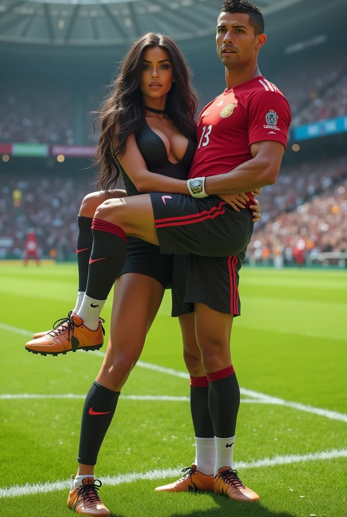 Beautiful completely naked barefoot plump young woman twerking her big butt in front of muscular handsome young football quarterback. Football player in uniform. Woman completely naked. a football stadium. Plump woman