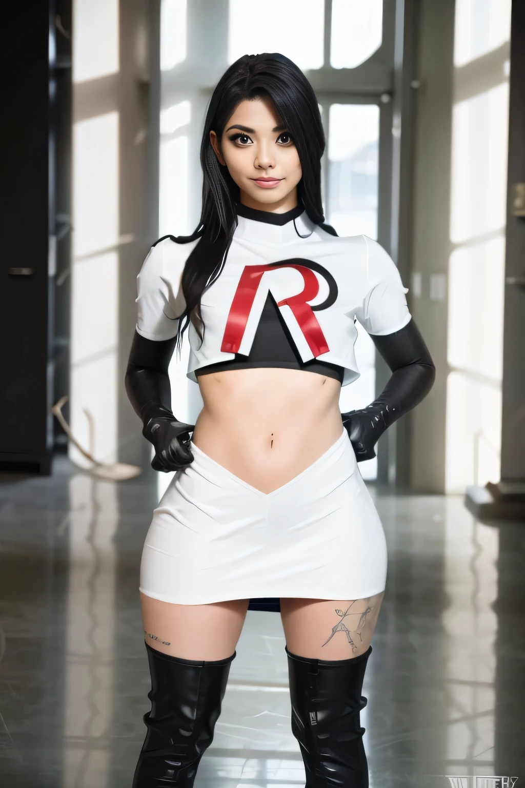 pernillamouritzen, a woman wearing team rocket,team rocket uniform,white skirt,red letter R,crop top,black thigh-highs,black elbow gloves,