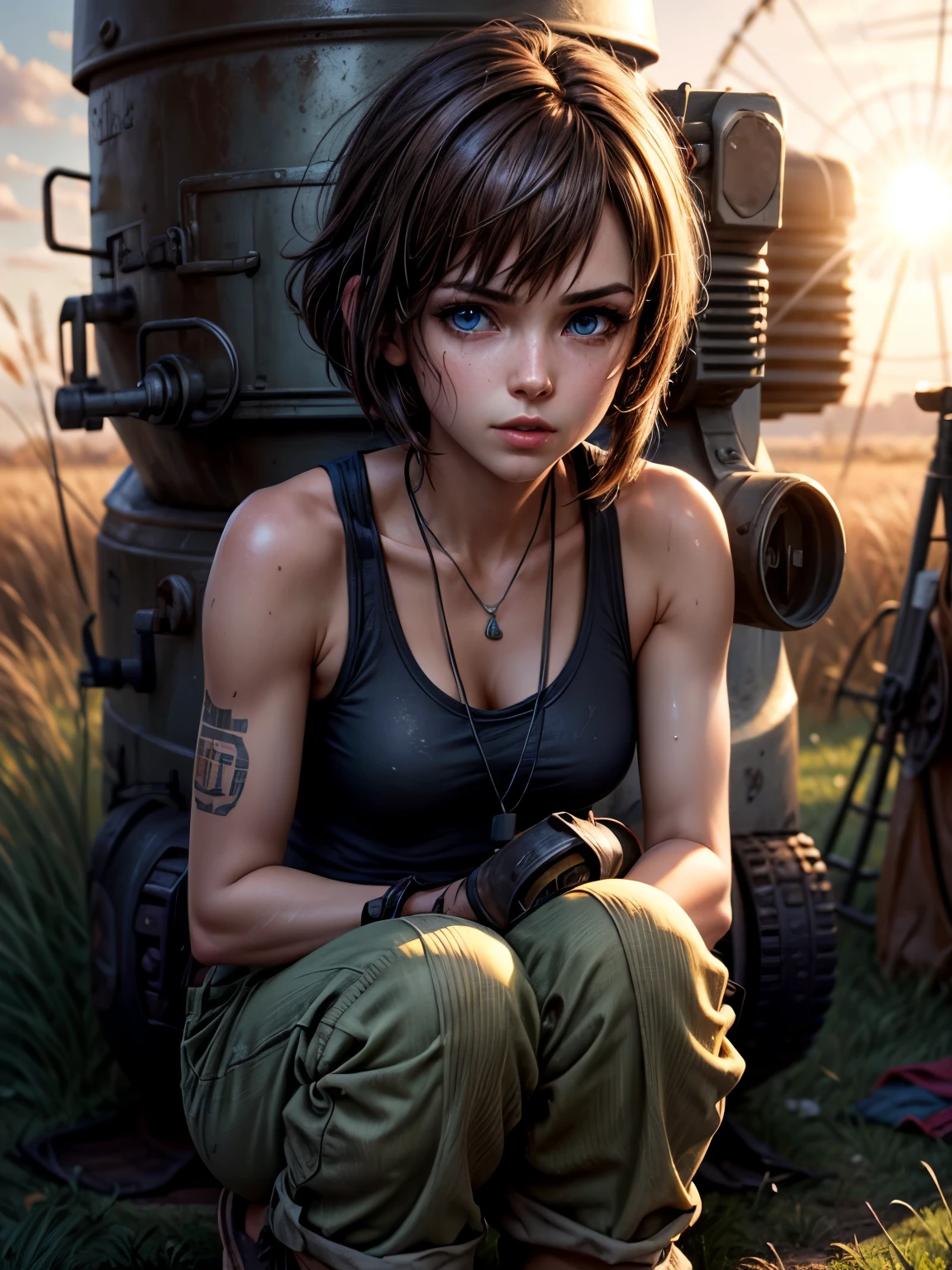 masterpiece, highest quality, (solo focus), (perfect face:1.1), (high detail:1.1), 1girl, repairing machine, brown hair, shoulder-length hair, blue eyes, white tank top, baggy green pants, wrench, holding wrench, crouching, crouching on tank, army tank, ((grease stains)), sweaty, glistening skin, detailed background, field of tall grass, sun, lens flare, cinematic lighting
