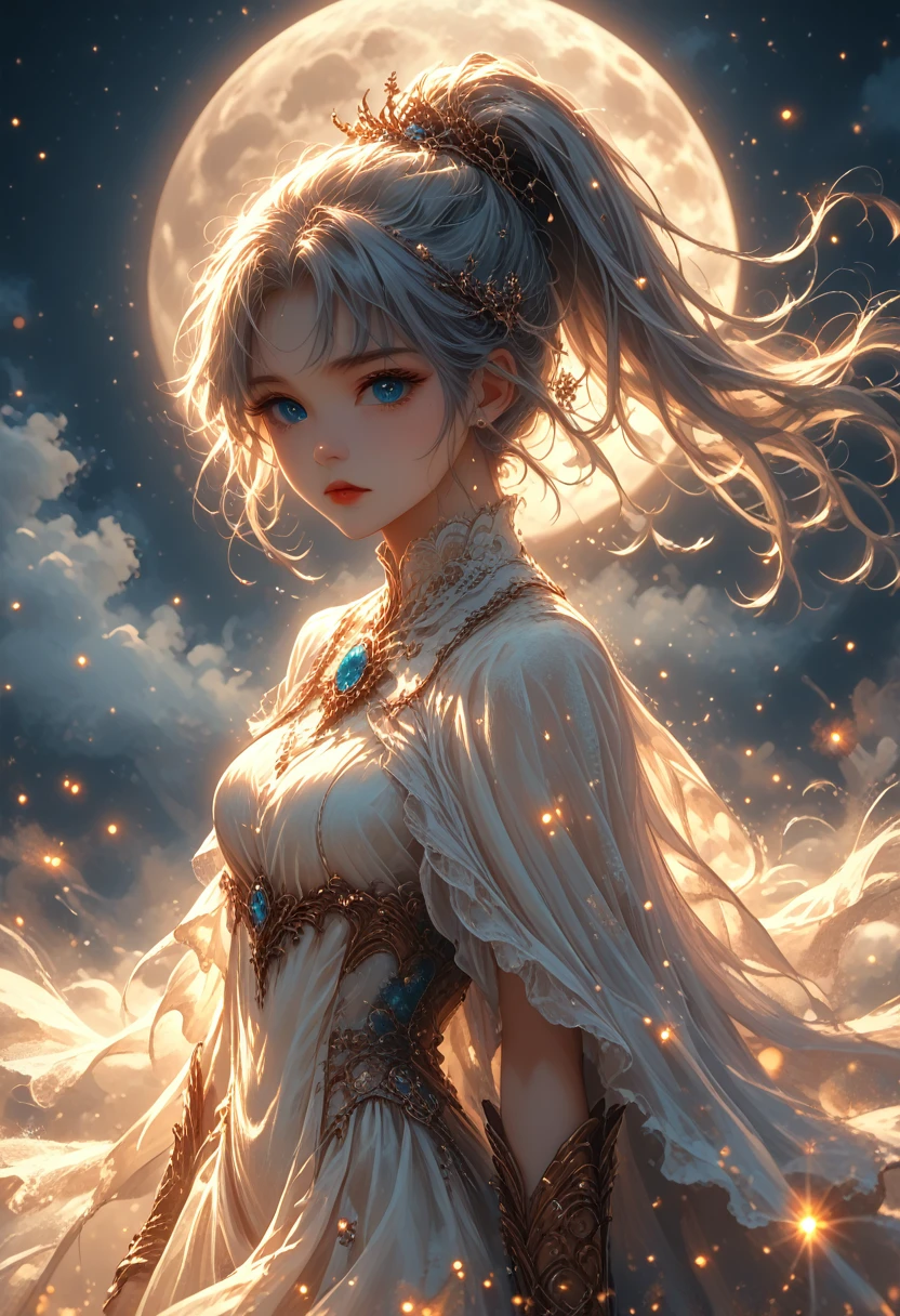 masterpiece, (Best Quality: 1.2), (ssuperiorer excellent: 1.2), 【Illustration, (Very soft and beautiful: 1.2), Film Angle, floating, (Beautiful attention to detail: 1.1), (Detailed light: 1.1), Film Light, Gentle Sky, woman, Gray Hair, blue eyes, (High Ponytail: 1.1), clock, Shine瞳, (moon: 1.2), (moonlight: 1.1), Starry Sky, (Particles of light: 1.1), fog , Snow images, sketch, flowering,Score_9, Score_8_superior, Score_7_superior, Dramatic lighting, Advanced Details, High budget, Bokeh, Cinemascope, Sulky, amazing, Gorgeous, Film Grain, granular, masterpiece, Best Quality, Perfect Anatomy, so beautiful, Official Art, 8k, Shine, Hong Kong Magic,