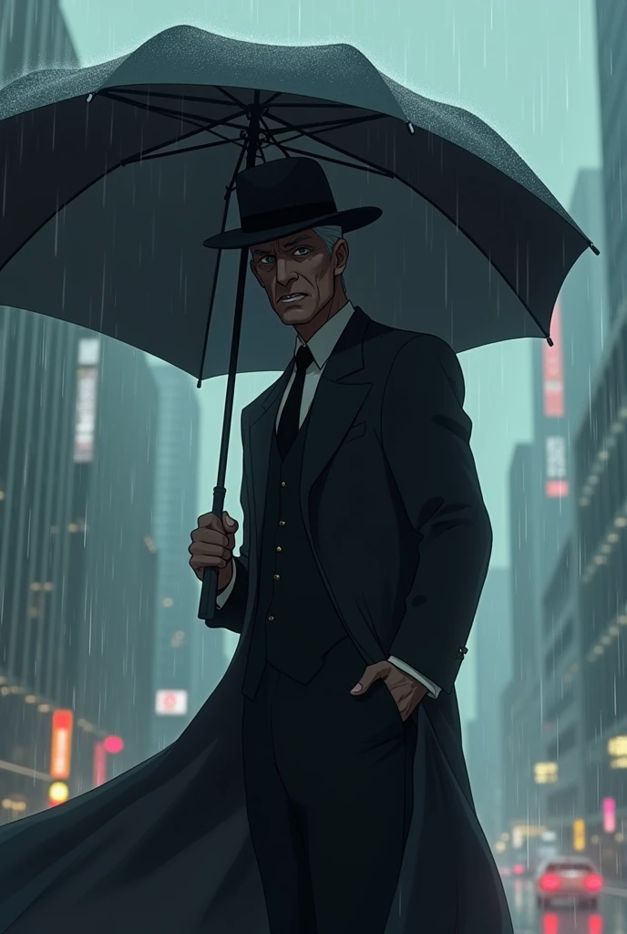 W komiksowym poważnym stylu, cały wygląd bohatera, Parasolnik to super bohater w średnim wieku, o szczupłej sylwetce i melancholijnym wyrazie twarzy. Jego oczy są stale zmęczone od patrzenia w niebo, a jego uśmiech jest rzadki i gorzki. Zawsze nosi elegancki, czarny garnitur i kapelusz, a jego nieodłącznym atrybutem jest duży, czarny parasol, który chroni go przed deszczem. Jest na tle dużego futurystycznego miasta w trakcie deszczu. anime style, wide shot, cowboy shot