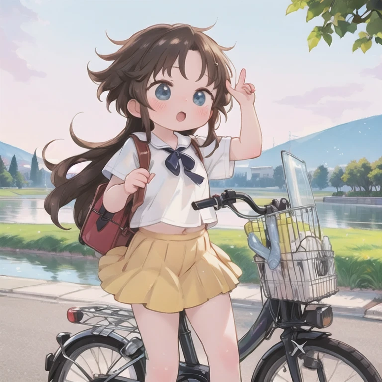 (masterpiece, Ultra-high resolution，Best Quality:1.2), reality、Very short stature， By bike，Alone、Female junior high school student，Summer clothes、Fluttering skirt，positive，whirlwind，Riverside at dusk、Beautiful sunset，