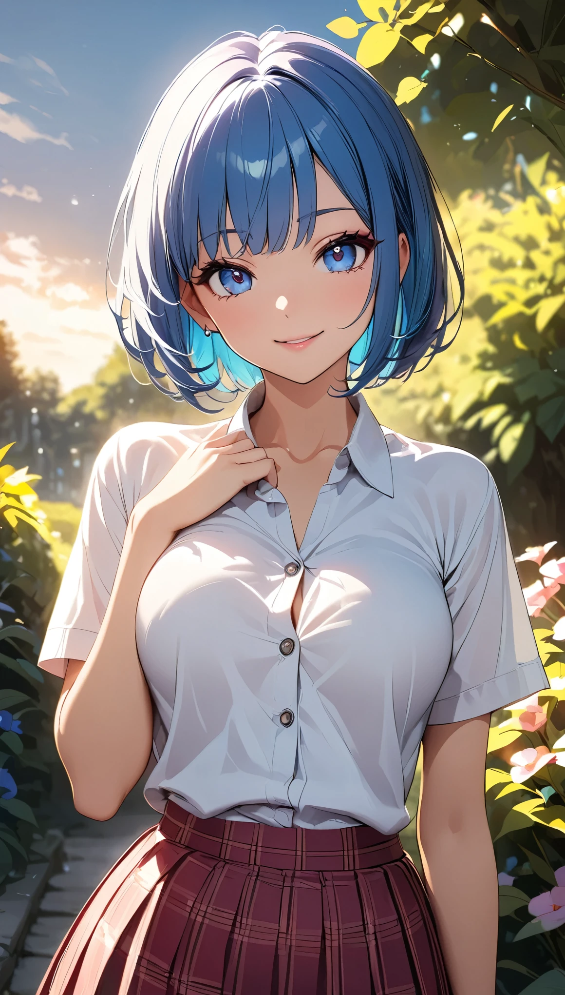 ((Top Quality)), ((Masterpiece)), (Detail), high resolution, Perfect Face, Fine Eyes, Depth of Field, Special Shading, Cinematic lighting, upper body, (1 Beautiful girl), medium breasts, cleavage, (smoky blue hair, shaggy cut, blunt bangs), (school uniform), dress shirt, pleated skirt, necklace, Scenery of the countryside, Starry sky at night