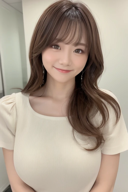 （wink smile）Realistic ((masterpiece 8k top quality))Japanese beautiful woman Brown hair wavy hair texture with bangs 2 sexy body g-cup soft light great details at simple background white shirts