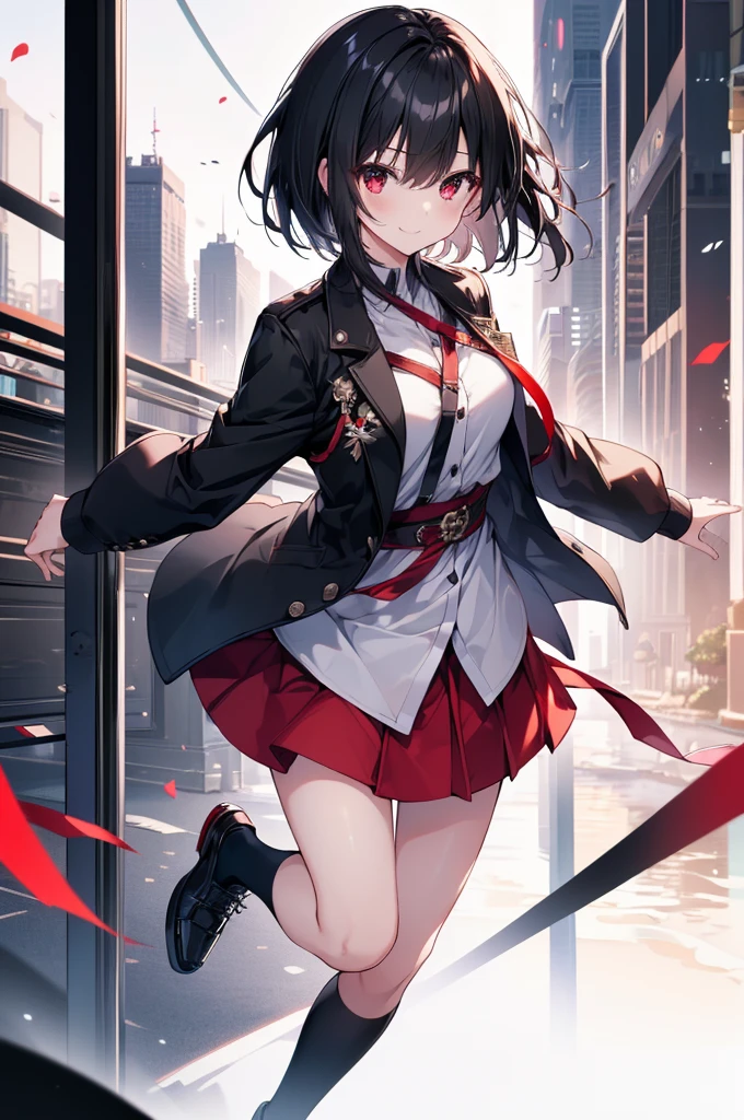 (masterpiece, highest quality, highest quality, (No text), Beautiful and aesthetic:1.2),No text,アニメ、BREAK,One Girl，Black Hair Girl　 adult　Short Hair　Older sister　Beautiful eyes　Red eyes　cool　smile　Black and Red　skirt　Black jacket　White clothing　Full Body Outdoors