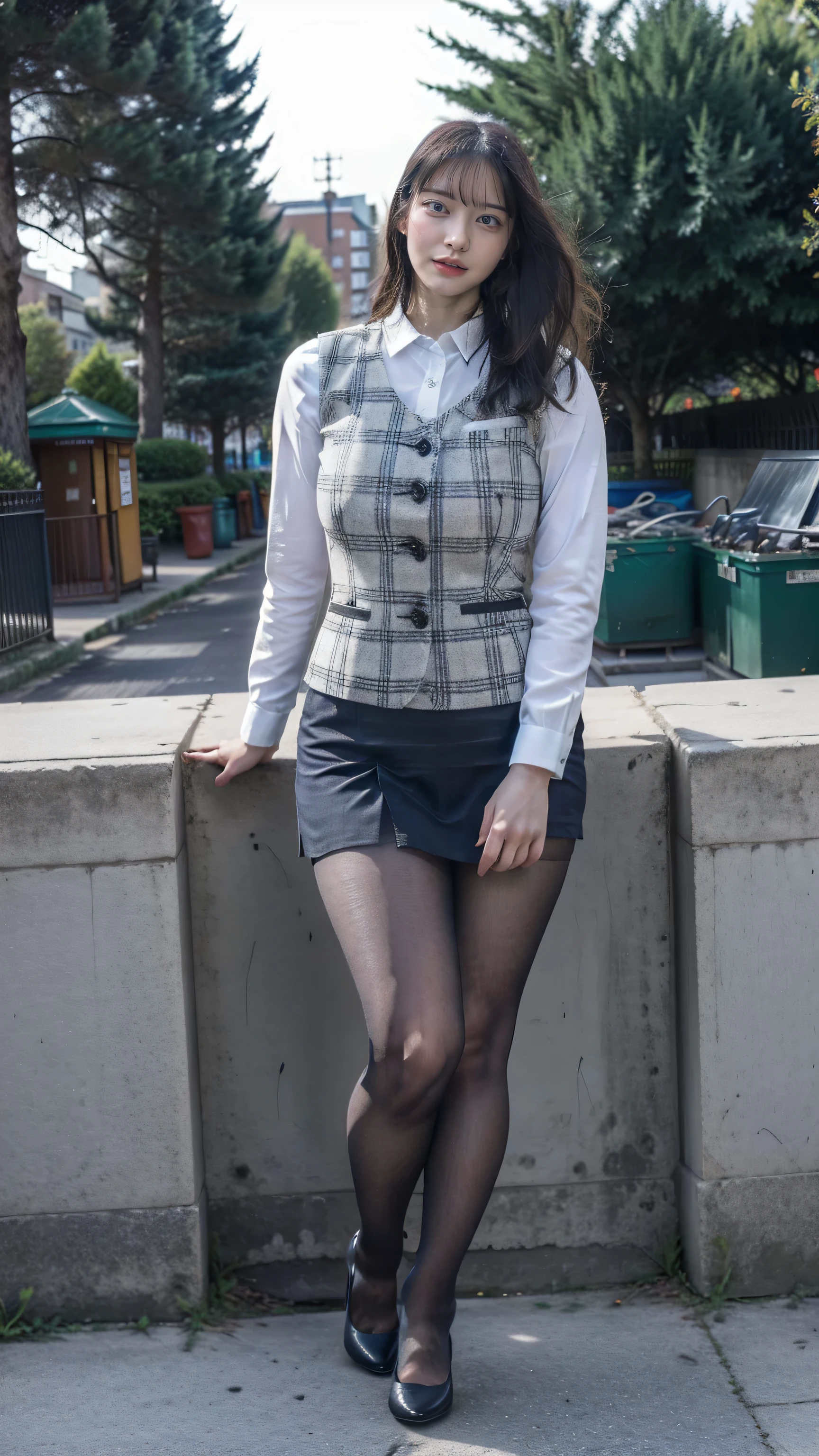 Urzan-6500-v1.1, (RAW Photos:1.2), (Photorealistic), (Genuine:1.4), (I have to play the song), Japanese,
1girl、Perfect Anatomy、4、Looking at the camera、Medium Long Hair、Checked vest、((Walk in the park:1.1))、(Ultra-realistic pantyhose:1.2), (High heels)、(Business services)、((Full Body Shot:1.2))、(A very kind smile:1.2)、