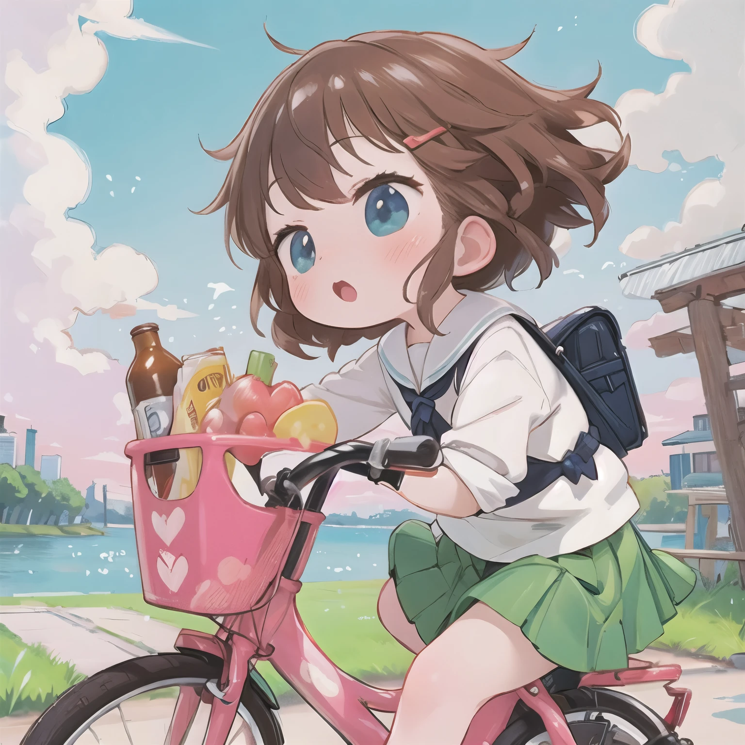 (masterpiece, Ultra-high resolution，Best Quality:1.2), reality、Very short stature， By bike，Alone、Female junior high school student，Summer clothes、Fluttering skirt，positive，whirlwind，Riverside at dusk、Beautiful sunset，