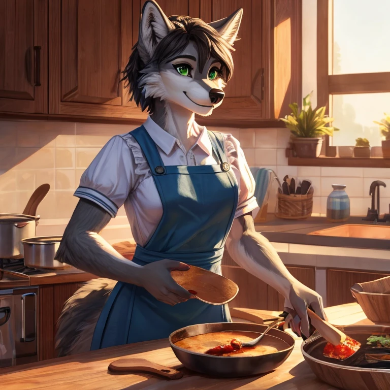 by fluff-kevlar, by Zackary911, by Kenket, by Kilinah, by fluff-kevlar, (masterpiece), (best quality), (anthro furry:1.3, snout:1.2, anthro:1.3, furry:1.2, solo female:1.2), (big breasts, not visible cleavage), solo, waitress, full body, (happy expression, perfect posture, smile), restaurant background, Female furry lynx, Brown and white fur, blue claws, blue eyes, making a chocolate cake with great affection