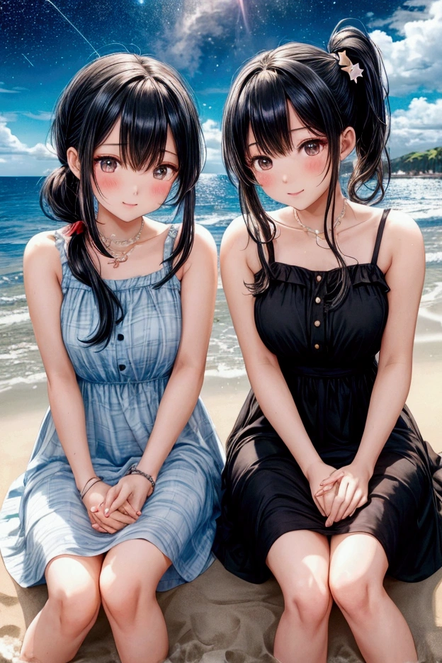 Masterpiece, Top quality, Earrings, Black dress, Black hair, Small breasts, Girl, Upper body, Hot, Sweating, Sitting, Ponytail, Looking at camera, Sea, Looking forward, Spread legs, Angry, Showing crotch