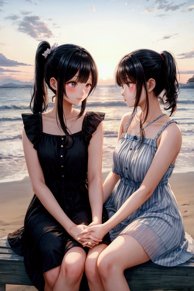 Masterpiece, best quality, earrings, white dress, black hair, small breasts, girl, upper body, hot, sweating, sitting on chair, pigtails, looking at camera, sea, summer, facing forward, legs spread, angry