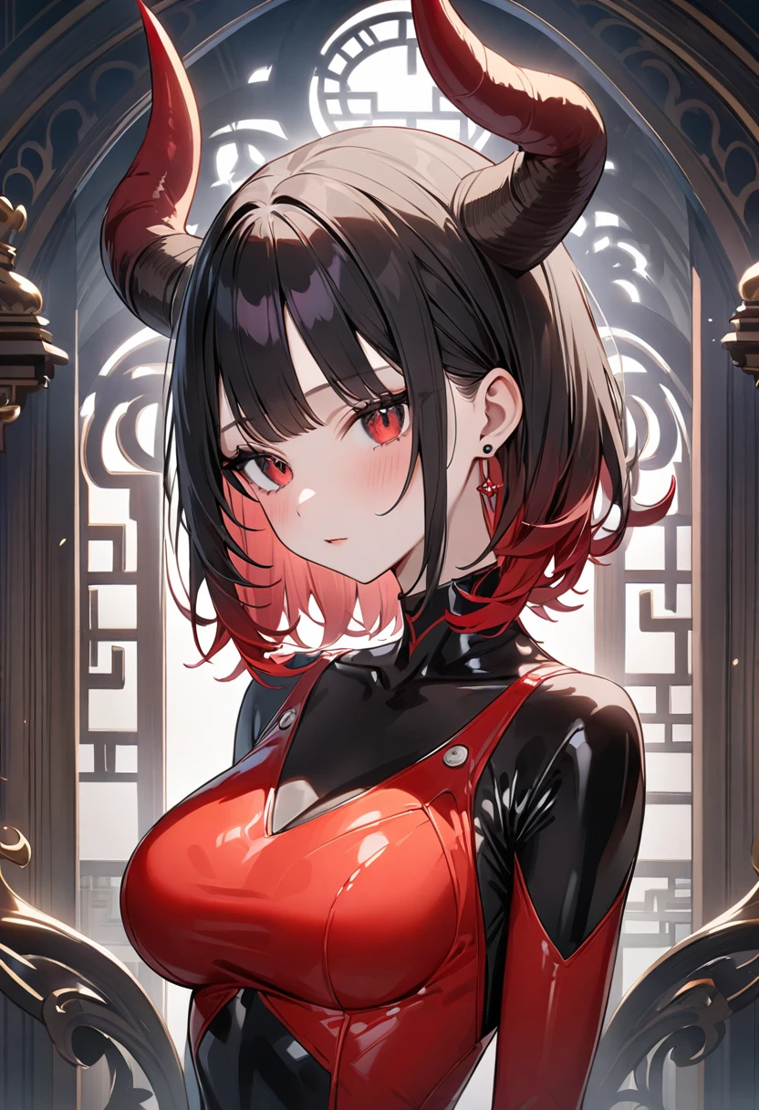 1 onigirl, big breast, closeup to face,lingerie, succubus, horny expression, mature female, black hair, red eyes, oni horns, short hair, short bangs, profile picture, 8k, very detailed art, ecchi anime, lewd eyes, lewd expression, aesthetic girl