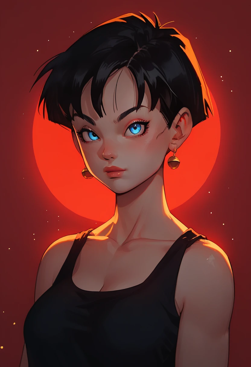 score_9, score_8_up, score_8, score_9, 1girl, source_anime, videl from Dragon Ball Z, short hair, detailed eyes, beautiful eyes, perfect breast, big breast, sport bra, v3v3n14n, venetia blinds lighting, light particles