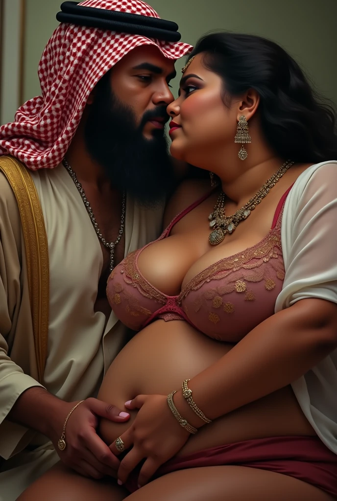 Naked indian tall man and hot maid in hijab, both are naked, in love kissing, the maid is pregnant with the man's  . The man and muslim maid get married in islamic tradition but both are naked.