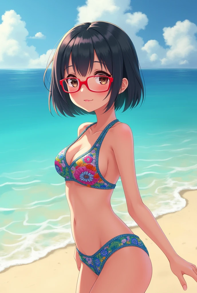 ((Highest quality)), ((masterpiece)), (Familiar), Illustration Style,Perfect Face,1 Girl,Black Hair,Short Hair,Glowing Skin,big, Bright Blue Eyes,Beautiful Bangs,Small breasts,Super Beauty,woman,16 years old,Black Bikini,Beautiful clothes,Glasses
