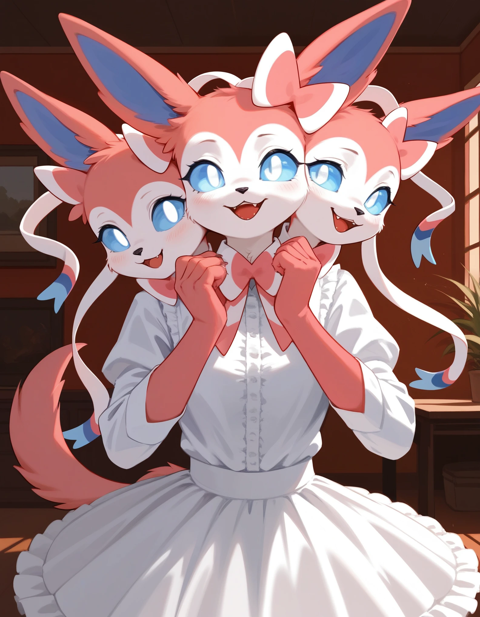 Solo, score_9,score_8_up,score_7_up,  an anthro furry female sylveon, blue sclera, white eyes, wearing pink blouse, white shirt frilly skirt, indoors, bashful pose, hands to her face, three heads, 3heads, conjoined, 