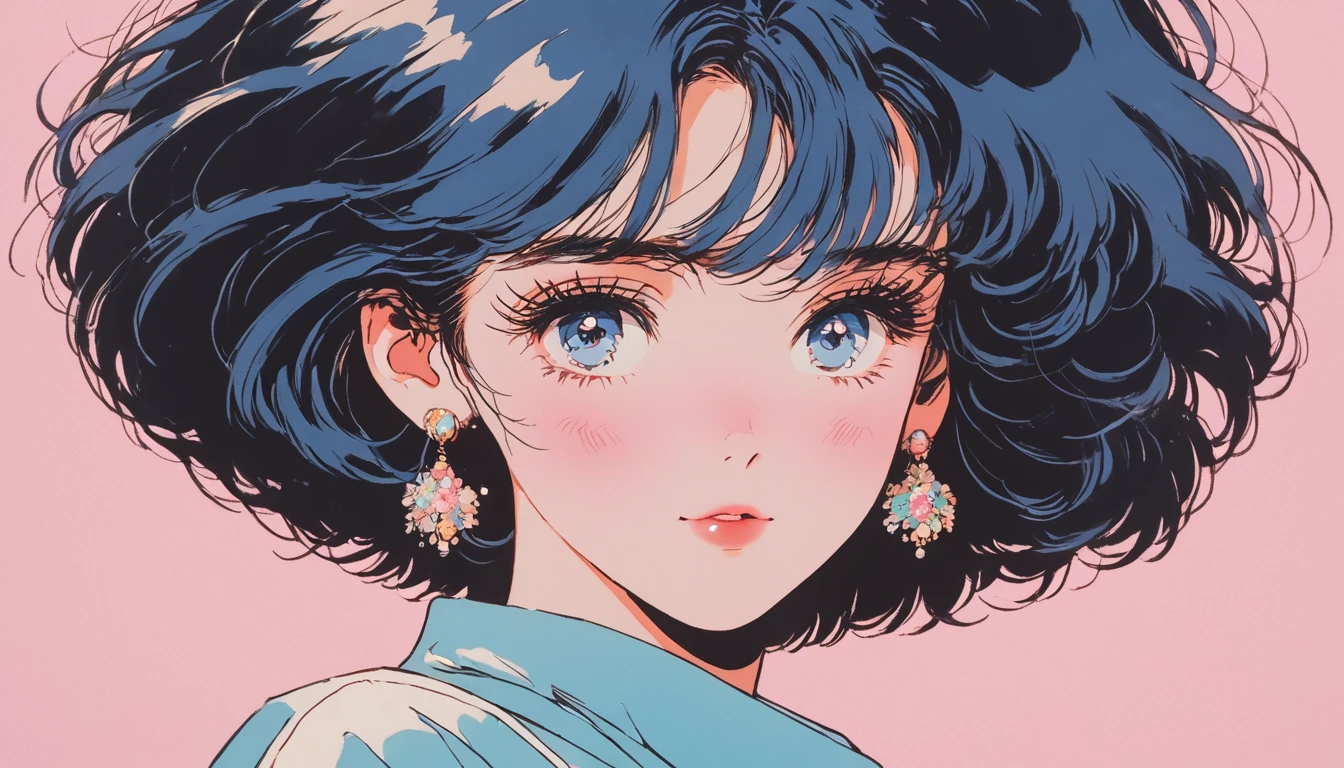 90's anime style, 1990s style, clear, 1980s style, (blush:1.7), the highest quality, 8k, 1 woman, Only, lofi girl, lofi art, lofi feeling, looking at the viewer, very big eyes, wearing 1980s clothes, upper shot, close up, smiling, light brown eyes, skin white as snow, sparkling eyes, blue hair, short hair, anime girl with tape, solid pink background with no other elements