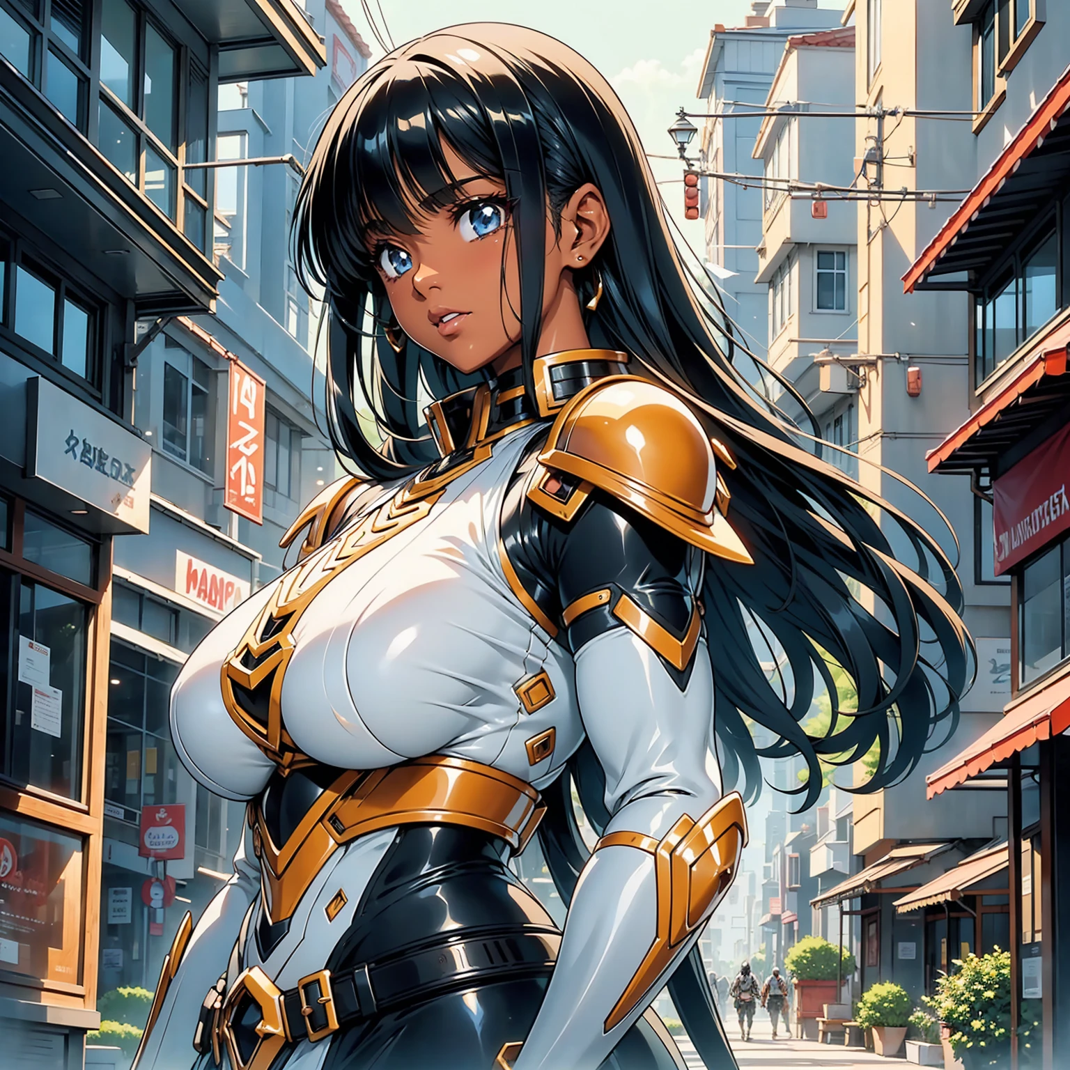 a big anime lady with armor and giant wings in the background, with a small street and small buildings, 1girl, breasts, black hair, dark skin, long hair, dark-skinned female, science fiction