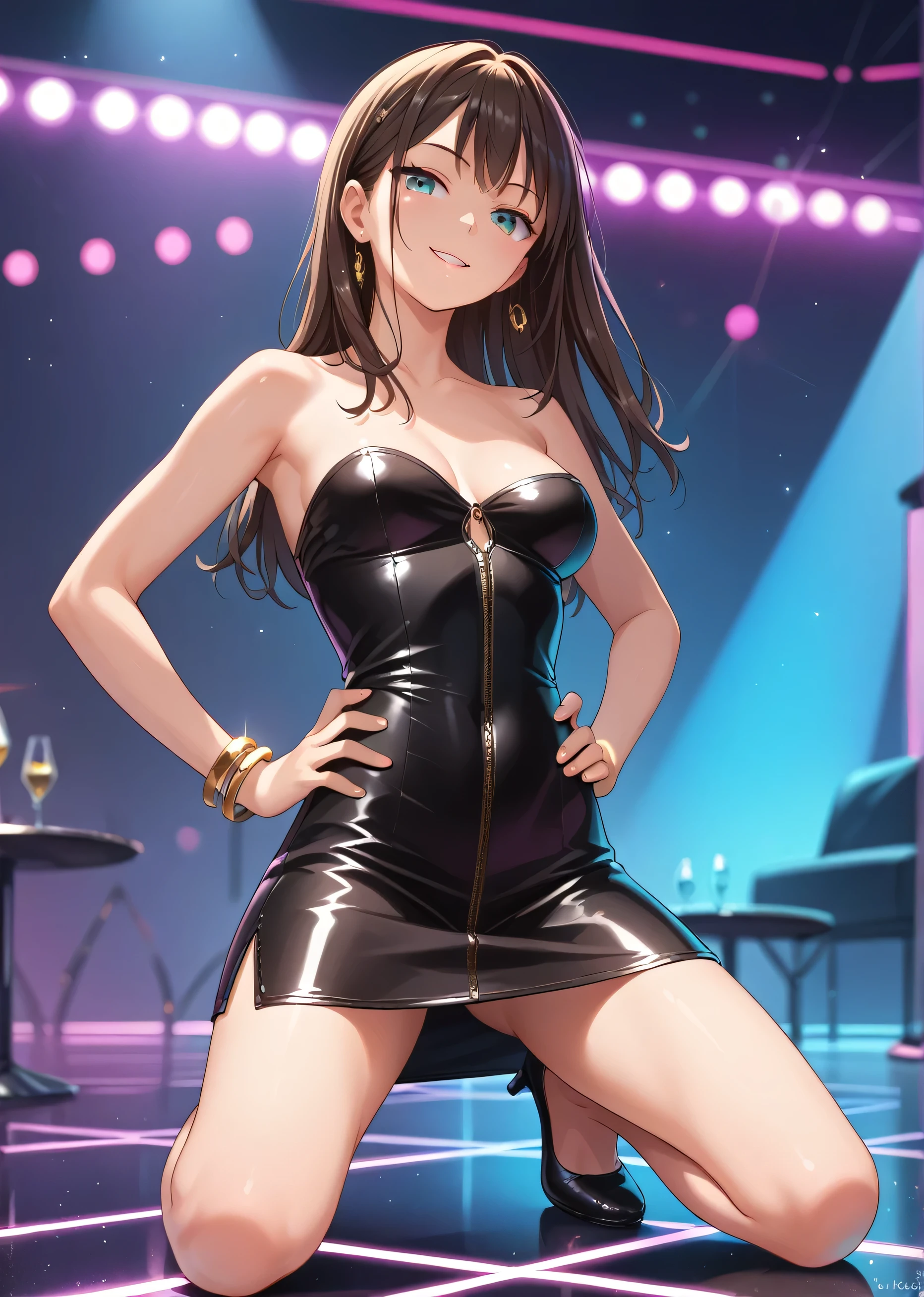 score 9, score 8 up, score 7 up, detailed background, green, medium breasts, a strapless leather black tube dress, gold bracelets, hands on hip, nightclub, the dance floor, disco lighting, 1girl, solo, seductive smile