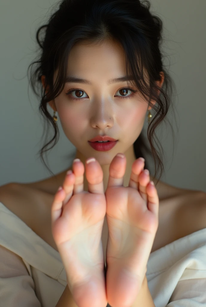Attractive dark haired asian girl, sharp facial features, Five toes per foot, bare feet displayed side by side,wrinkly soles, bare feet in focus,Details of the soles of the feet,Clear facial features, Youthful, freckled, tooth gap, sweaty feet, perfect feet, symmetrical soles, anatomically accurate feet, long legs. Eyeshadow