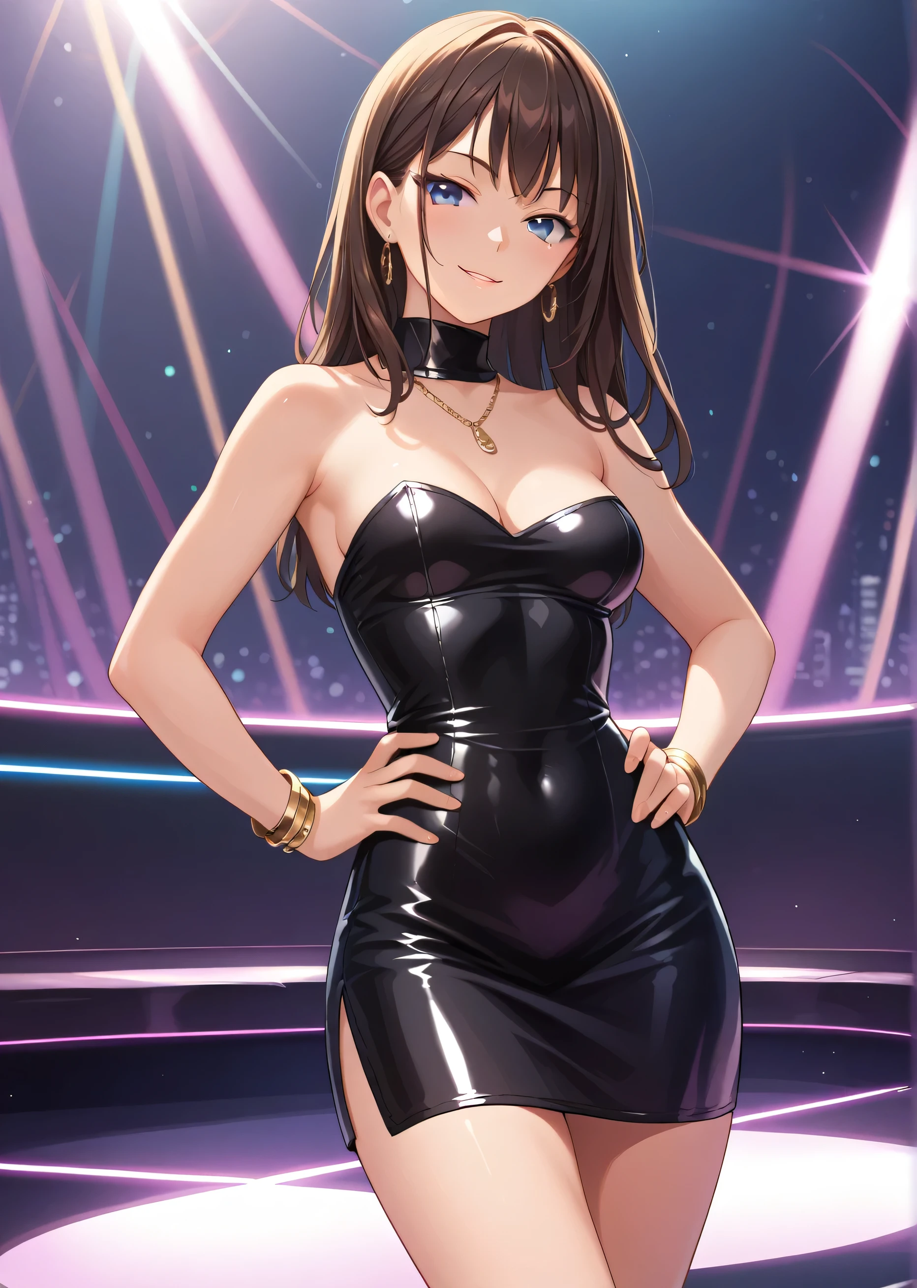 score 9, score 8 up, score 7 up, detailed background, green, medium breasts, a strapless leather black tube dress, gold bracelets, hands on hip, nightclub, the dance floor, disco lighting, 1girl, solo, seductive smile