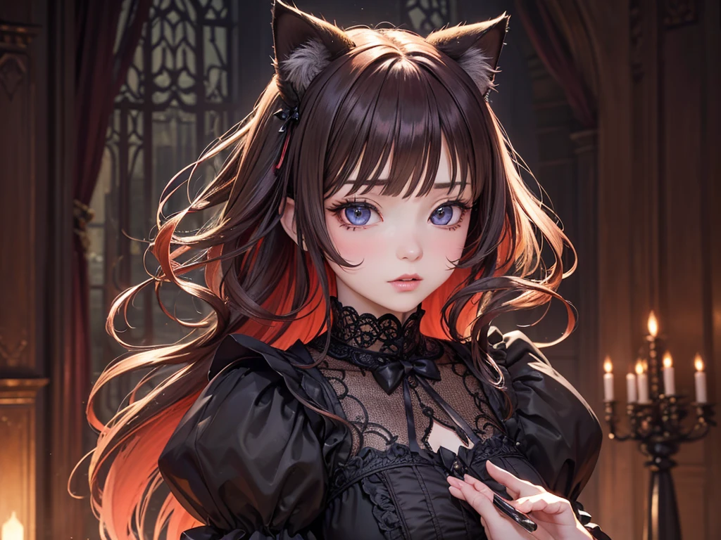 a beautiful cat wearing a ribbon, dressed in a gothic ta style outfit, in a fantasy castle environment, (best quality,4k,8k,highres,masterpiece:1.2),ultra-detailed,(realistic,photorealistic,photo-realistic:1.37),extremely detailed eyes and face,longeyelashes,intricate details,ornate castle interior,decorative furniture,dramatic lighting,moody atmosphere,rich color palette,vibrant colors